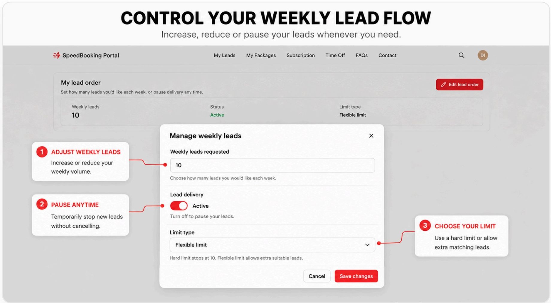 Speed Booking portal showing weekly lead flow controls