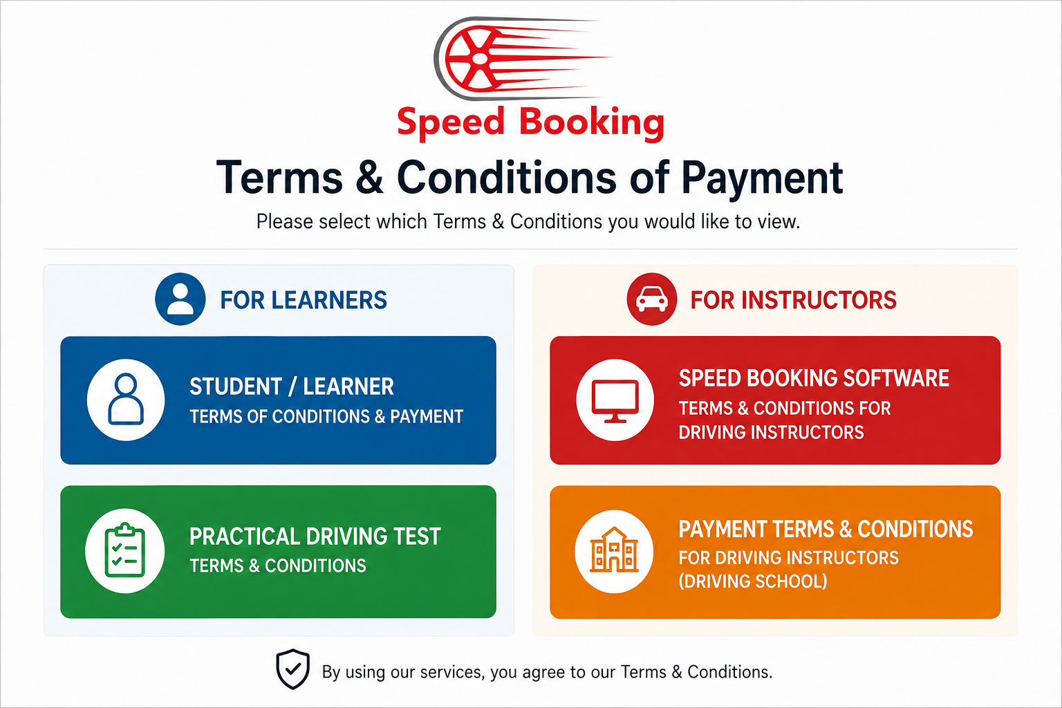 Speed Booking Terms & Conditions of Payment — select which terms you would like to view
