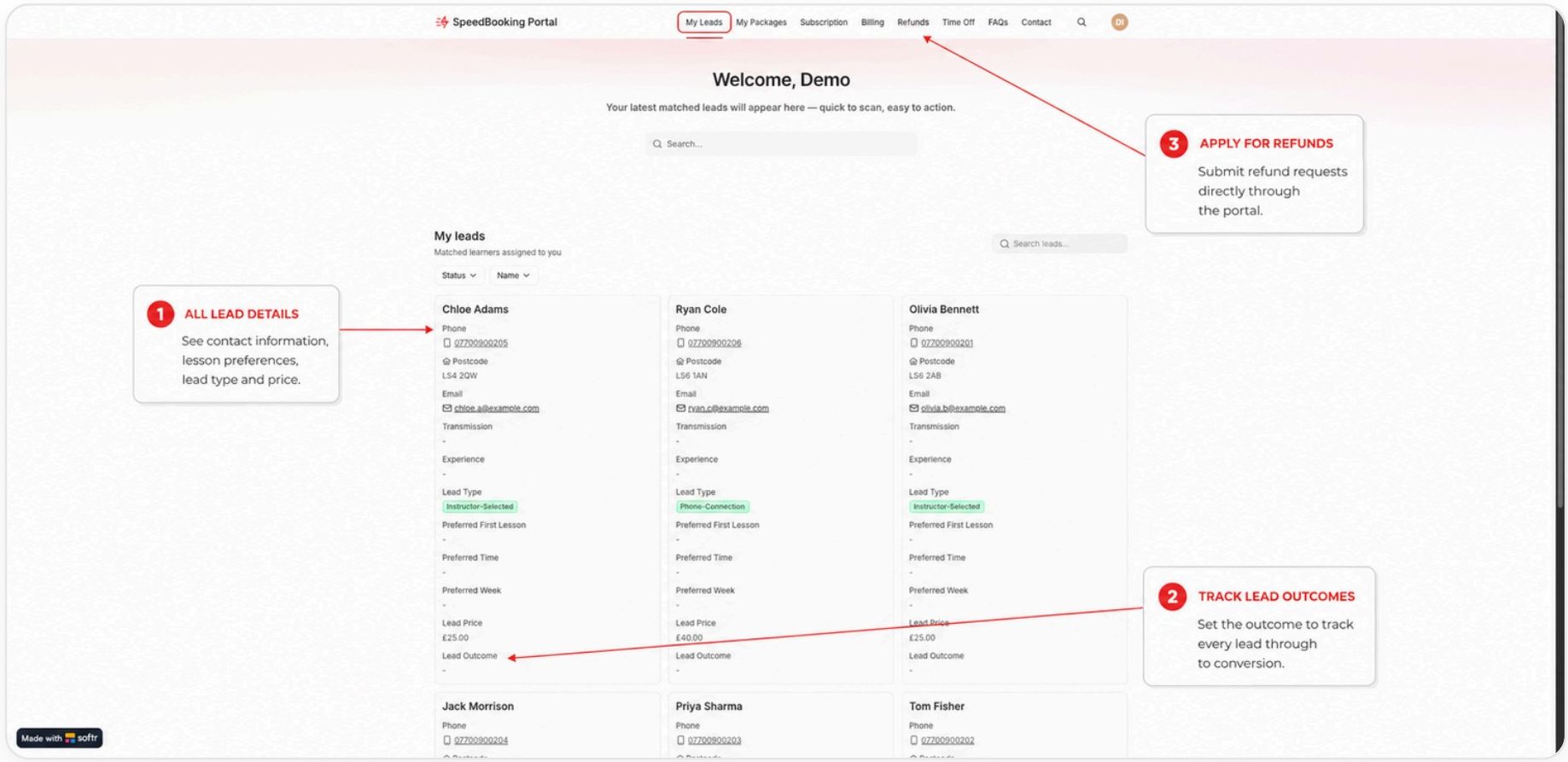 Speed Booking portal lead management screen