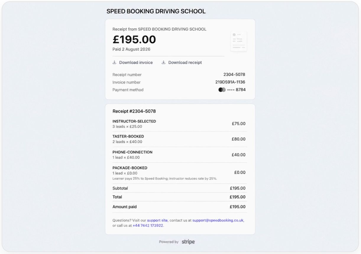Example weekly Speed Booking receipt itemising each lead type