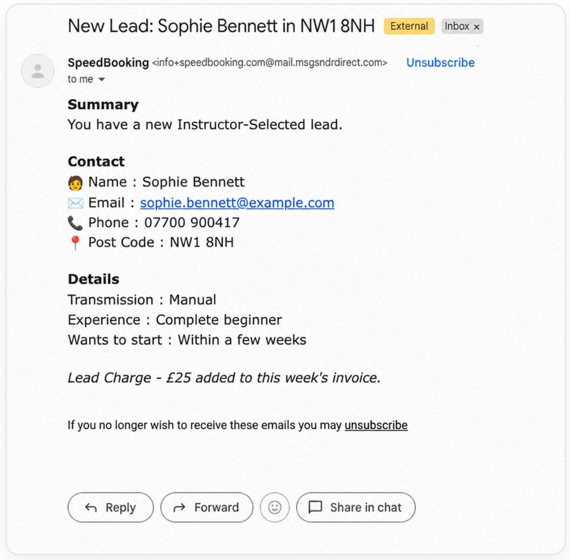 Example new lead email from Speed Booking with learner contact details